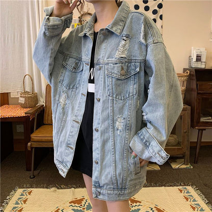 Korean Style Ripped Denim Coat For Female Students