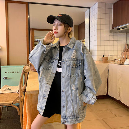 Korean Style Ripped Denim Coat For Female Students