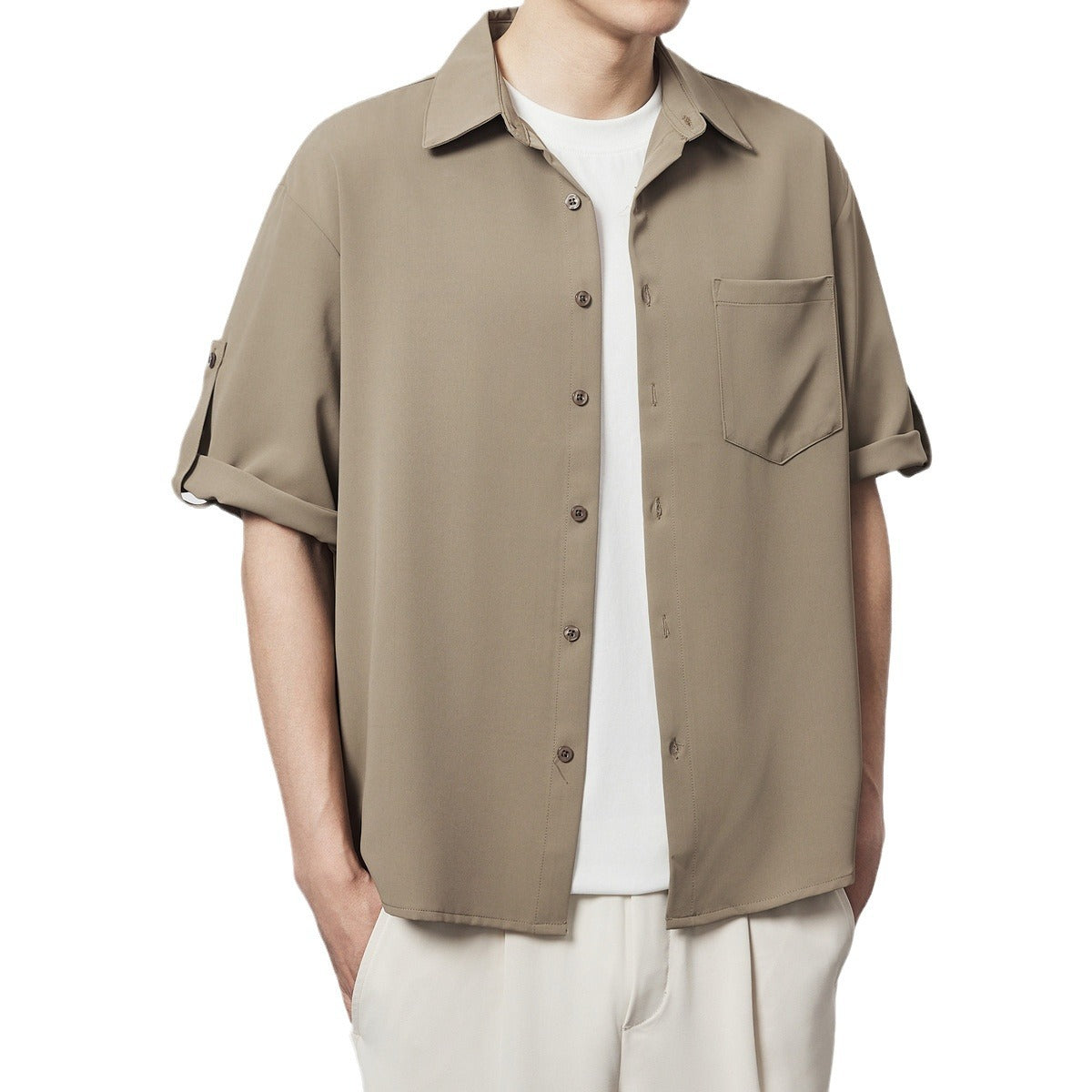 Minimalist Basic Solid Color Short Sleeve Shirt Loose Twill