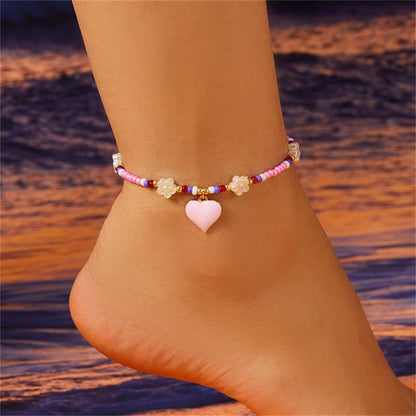 Fashion Love Heart Flowers Bead Anklet For Women