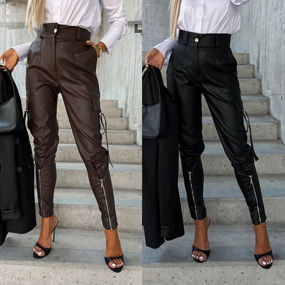 23 Years Fall Winter Fashion Slim PU Leather Waist Skinny Trousers With Pockets