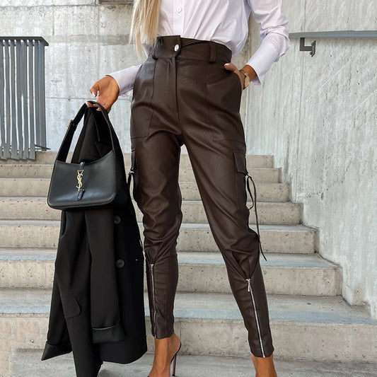 23 Years Fall Winter Fashion Slim PU Leather Waist Skinny Trousers With Pockets