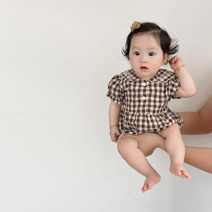 Baby  Embroidered Lapel Plaid Romper