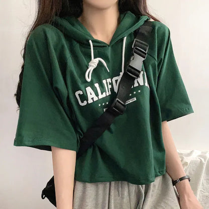 Casual Letter Hooded Short Sleeve Loose Half-sleeved T-shirt Top