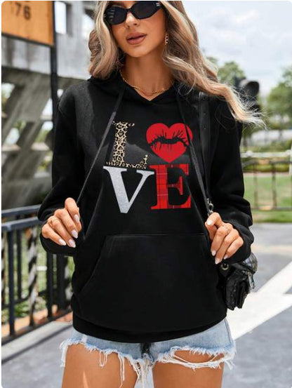 Retro Love Pattern Women's Sheath Hoodie Printed Pullover College Style