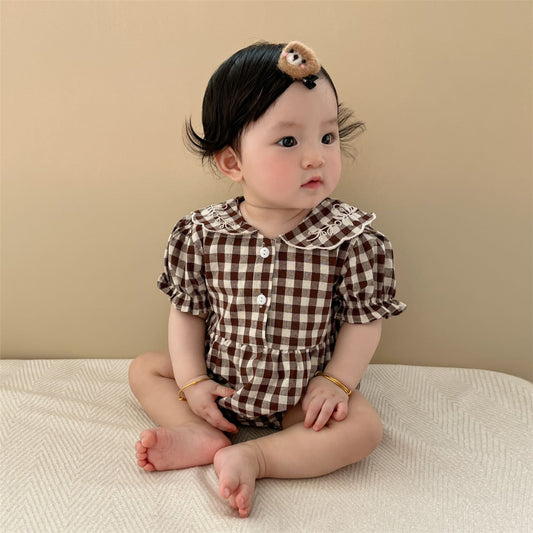 Baby  Embroidered Lapel Plaid Romper