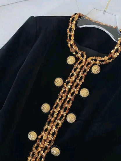 French Retro Heavy Embroidery Sequins Gold Buckle Black Coat