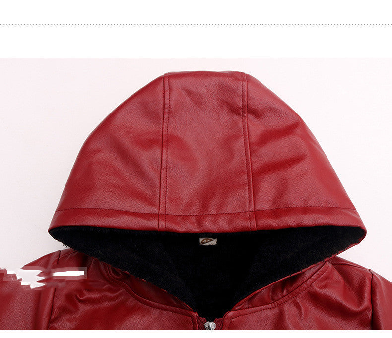 PU Leather Jacket Children's Wear Hooded Padded Coat