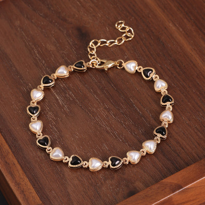 Black And White Pearl Heart Single-layer Bracelet, Geometric Heart Minimalist Bracelet
