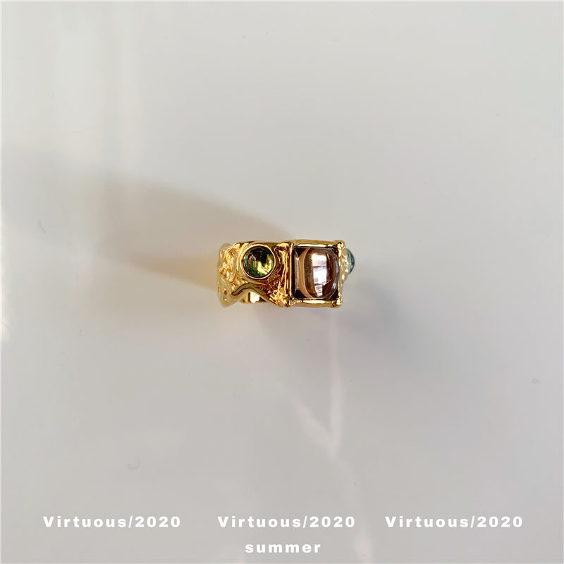 A Niche Retro Set Colored Gemstone Ring With Irregular Gold Color