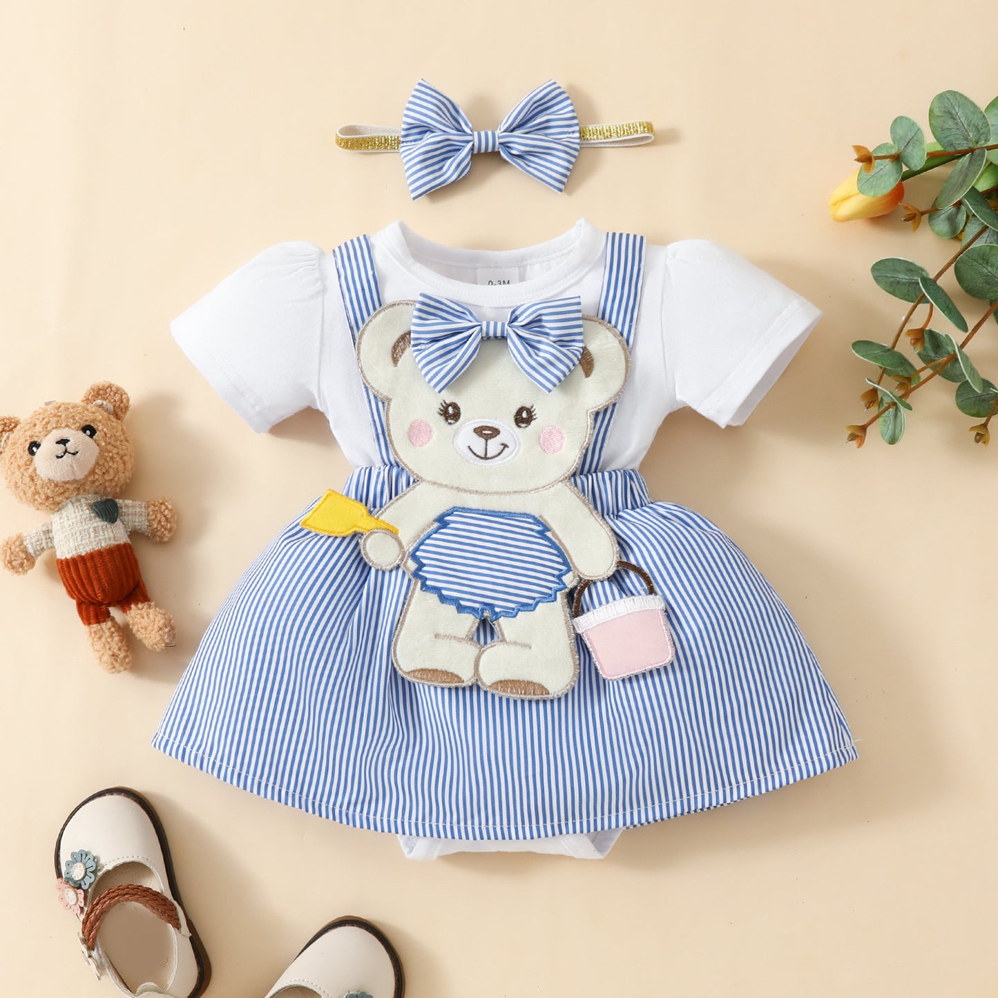 Baby Cute Bear Embroidered Fake Suspender Skirt Short Sleeve Triangle Baby's Gown