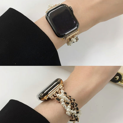 Fashion Casual Classic Style Leather Fabric Pearl Chain
