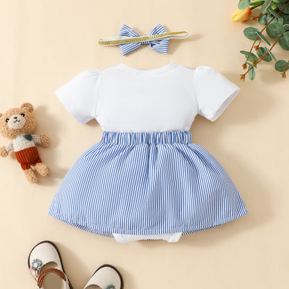 Baby Cute Bear Embroidered Fake Suspender Skirt Short Sleeve Triangle Baby's Gown