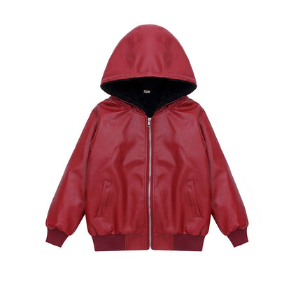 PU Leather Jacket Children's Wear Hooded Padded Coat