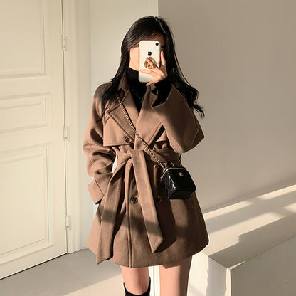 Women's Retro Fashion Elegance All-match Loose Collar Lace-up Woolen Coat