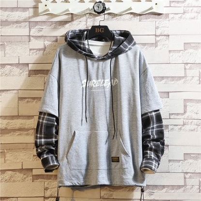 Autumn New Plaid Stitching Hooded Fake Two-piece Sweater