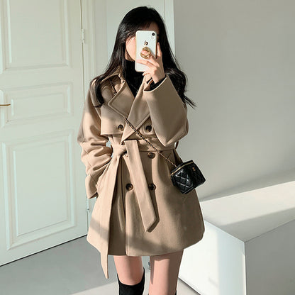 Women's Retro Fashion Elegance All-match Loose Collar Lace-up Woolen Coat